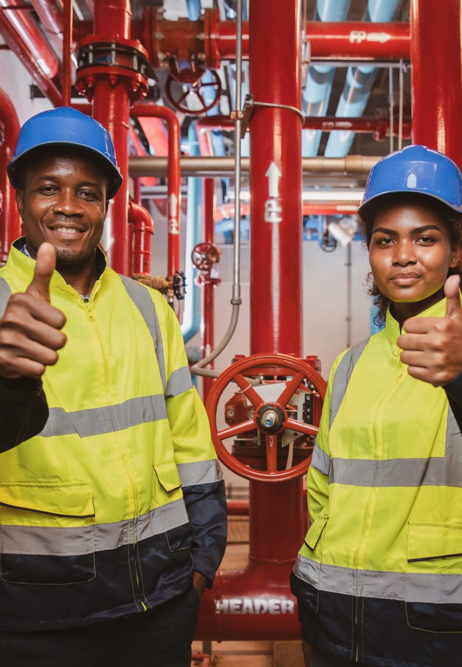 Engineer or technician work checking Fire suppression system and fire equipment. Engineer check red generator pump for water sprinkler piping and fire alarm control system